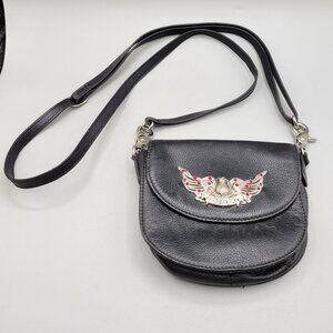 Harley Davidson Black Leather Crossbody Bag Metal Wing Logo Red Accents
